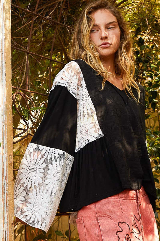 Black Lace V-Neck Flare Sleeve Top