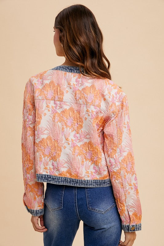 Sale! Originally $79 Floral Jacquard Denim Contrast Button Down Jacket