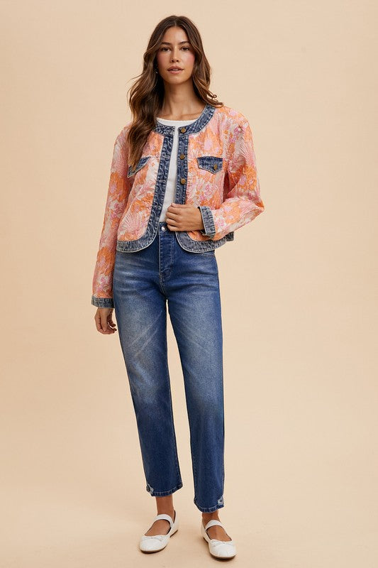 Sale! Originally $79 Floral Jacquard Denim Contrast Button Down Jacket