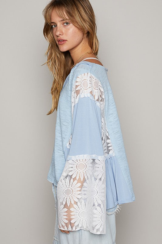 Powder Blue Lace V-Neck Flare Sleeve Top