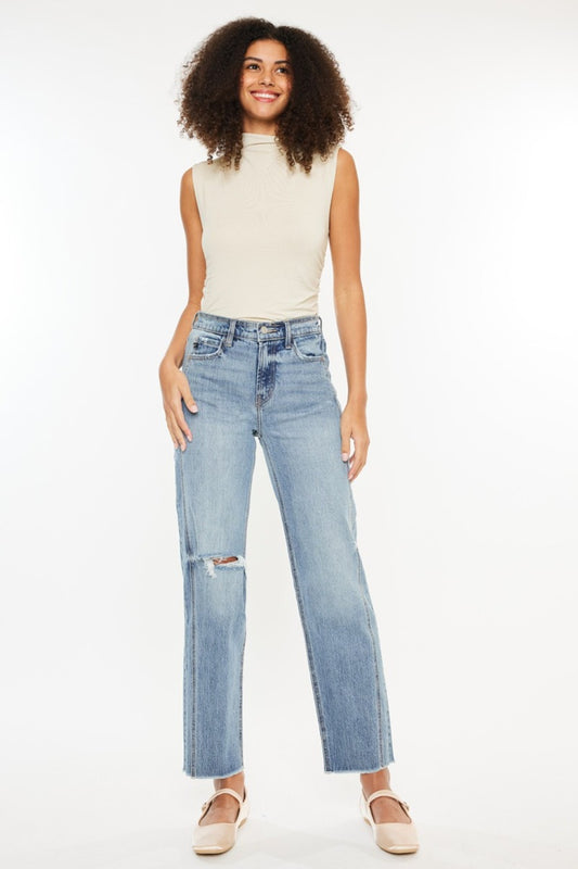 High Rise Distressed Straight Jeans