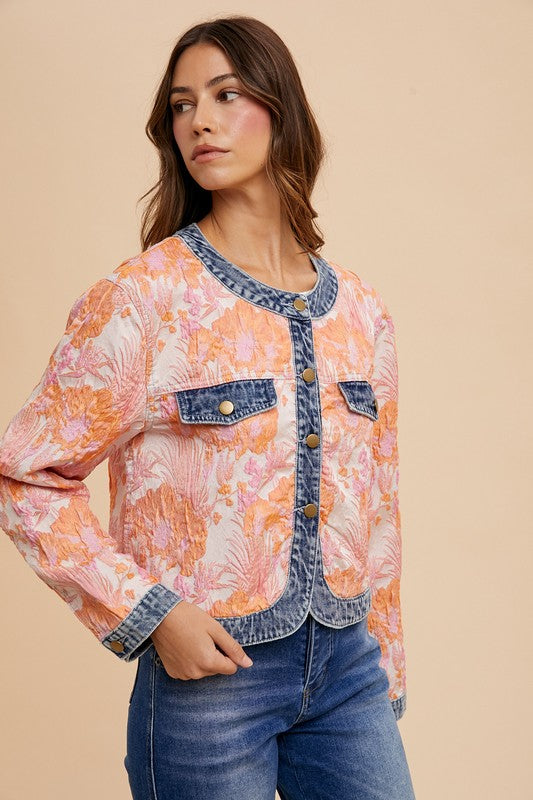 Sale! Originally $79 Floral Jacquard Denim Contrast Button Down Jacket