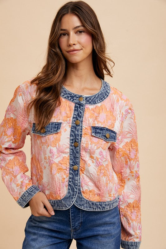 Sale! Originally $79 Floral Jacquard Denim Contrast Button Down Jacket