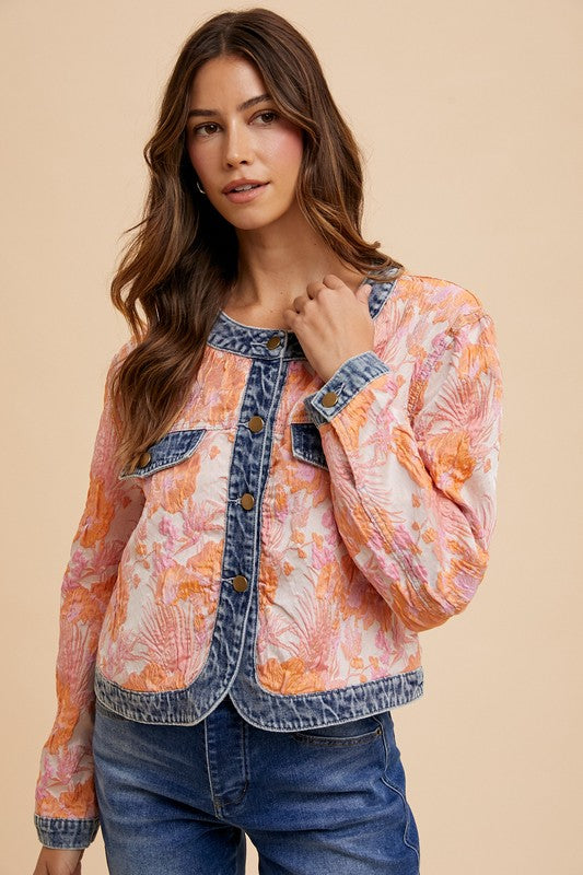 Sale! Originally $79 Floral Jacquard Denim Contrast Button Down Jacket
